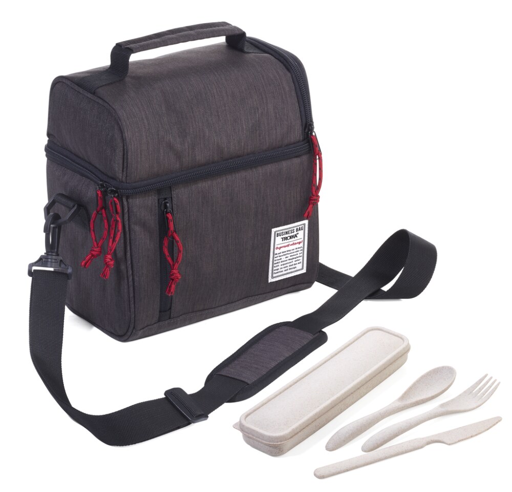 Anthrazitfarbene isolierte Lunch-Tasche mit Schultergurt und Besteck-Set