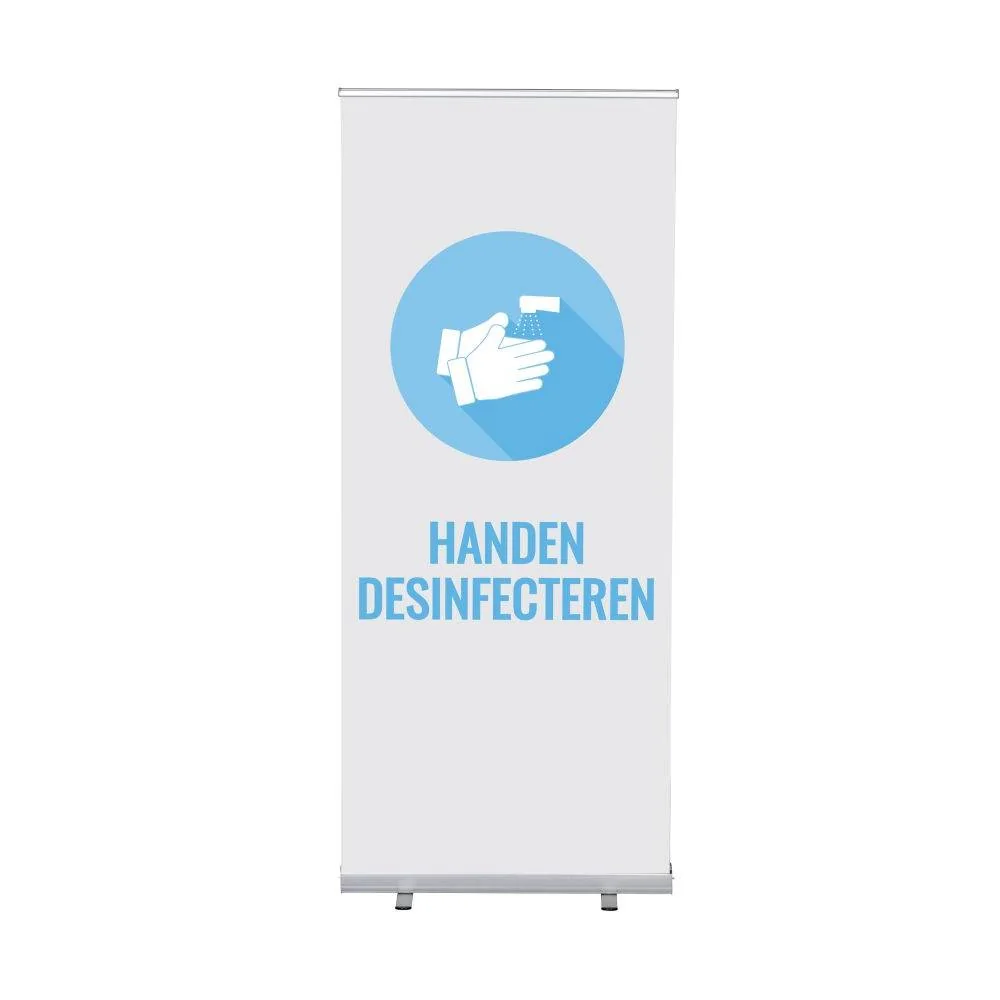 Roll-Banner Budget 85 Komplettset Hände desinfizieren Weiß Niederländisch